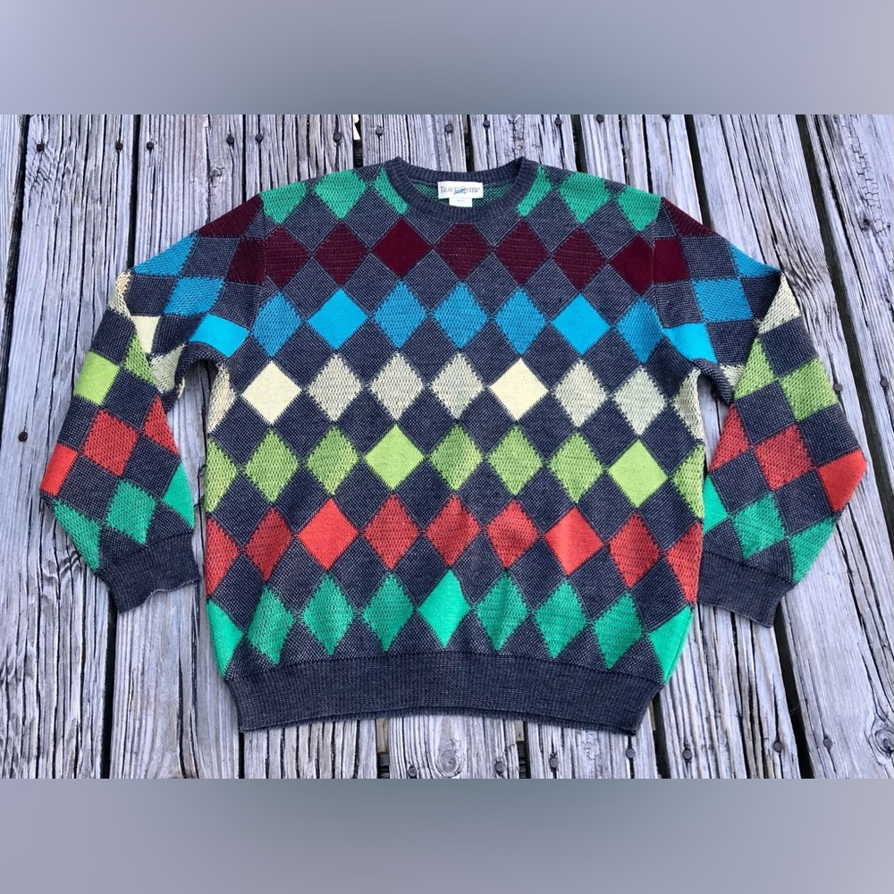 Vintage Mens L TRAVEL SMITH Argyle Colorful Pullover Crewneck Cosby Sweater Top